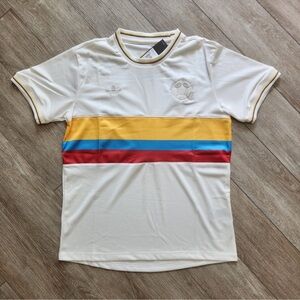 adidas White Short-Sleeve Soccer Stripe Tee with Yellow, Blue & Red